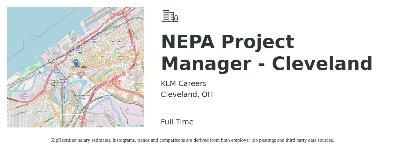 KLM Careers job posting for a NEPA Project Manager - Cleveland in Cleveland, OH with a salary of $72,700 to $109,600 Yearly with a map of Cleveland location.