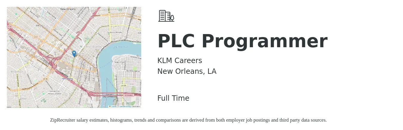 KLM Careers job posting for a PLC Programmer in New Orleans, LA with a salary of $65,300 to $88,800 Yearly with a map of New Orleans location.
