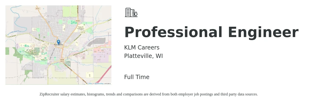 KLM Careers job posting for a Professional Engineer in Platteville, WI with a salary of $80,800 to $107,700 Yearly with a map of Platteville location.