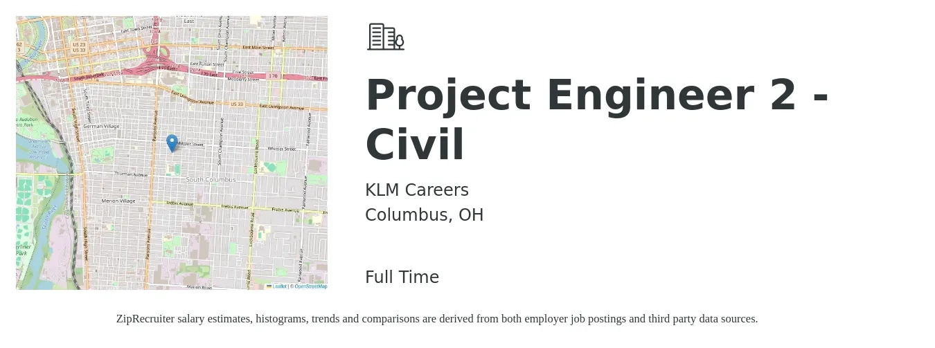 KLM Careers job posting for a Project Engineer 2 - Civil in Columbus, OH with a salary of $82,100 to $109,600 Yearly with a map of Columbus location.