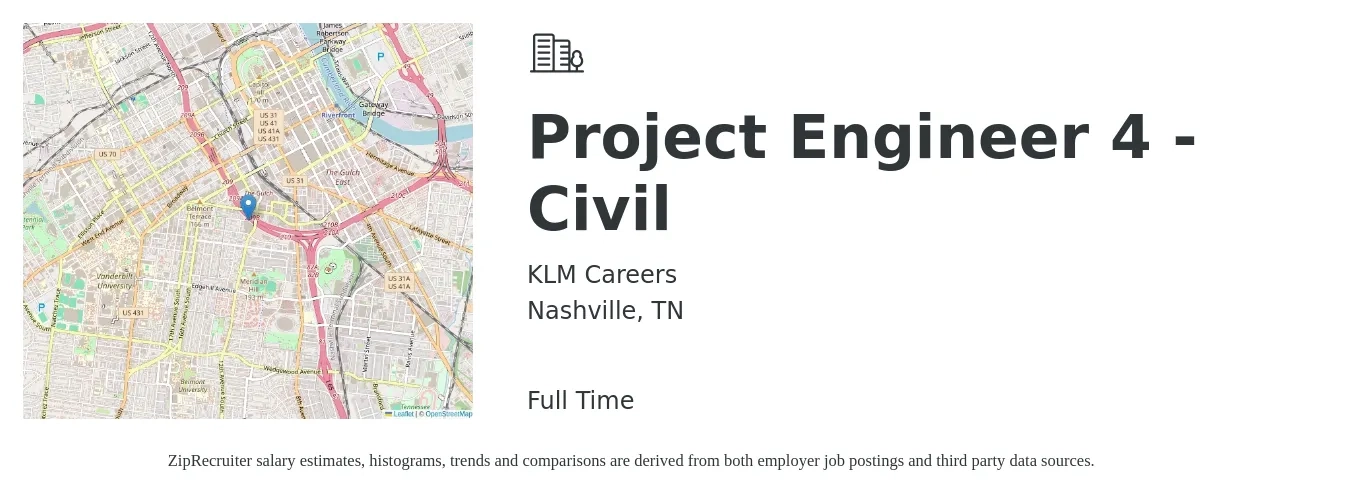 KLM Careers job posting for a Project Engineer 4 - Civil in Nashville, TN with a salary of $82,100 to $109,600 Yearly with a map of Nashville location.