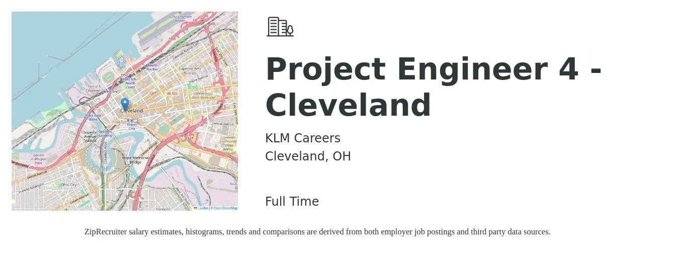 KLM Careers job posting for a Project Engineer 4 - Cleveland in Cleveland, OH with a salary of $71,800 to $100,400 Yearly with a map of Cleveland location.