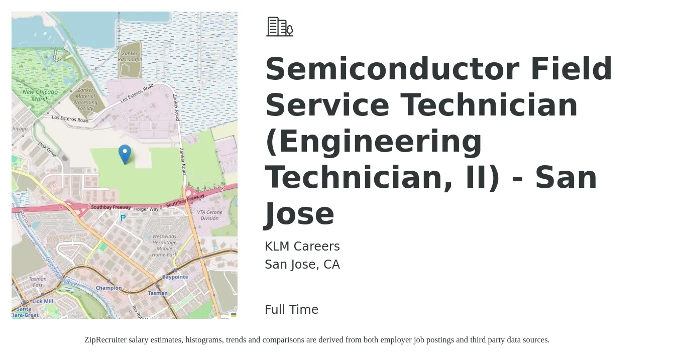 KLM Careers job posting for a Semiconductor Field Service Technician (Engineering Technician, II) - San Jose in San Jose, CA with a salary of $24 to $35 Hourly with a map of San Jose location.