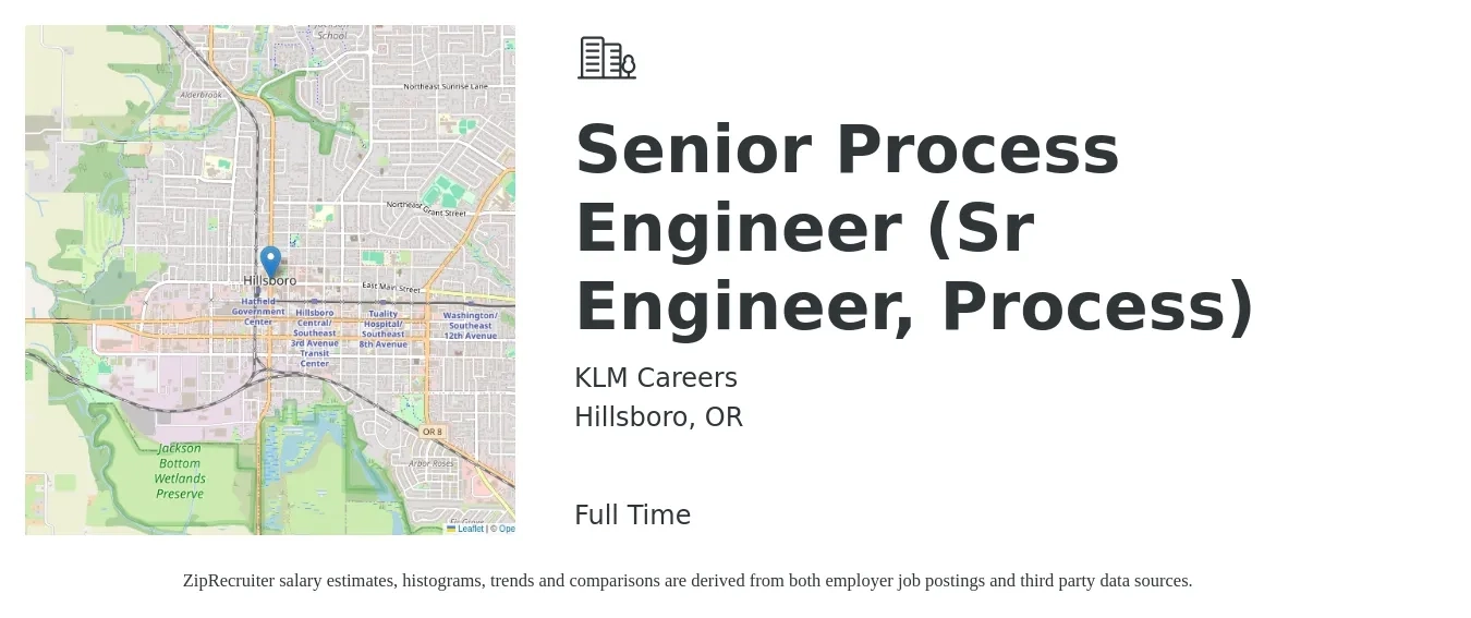KLM Careers job posting for a Senior Process Engineer (Sr Engineer, Process) in Hillsboro, OR with a salary of $113,300 to $146,500 Yearly with a map of Hillsboro location.