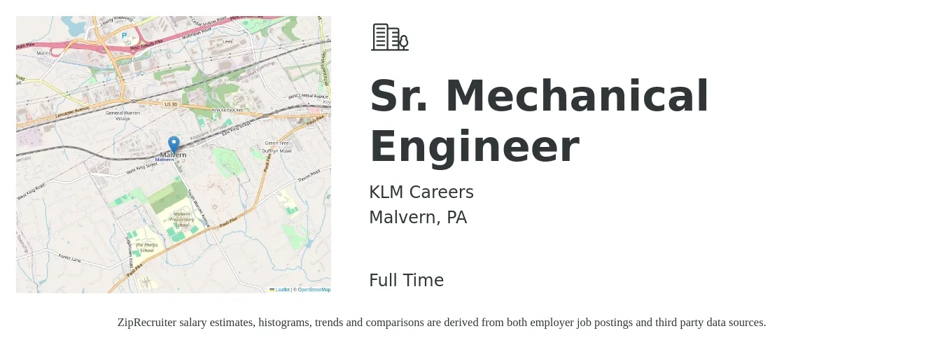 KLM Careers job posting for a Sr. Mechanical Engineer in Malvern, PA with a salary of $102,500 to $135,400 Yearly with a map of Malvern location.