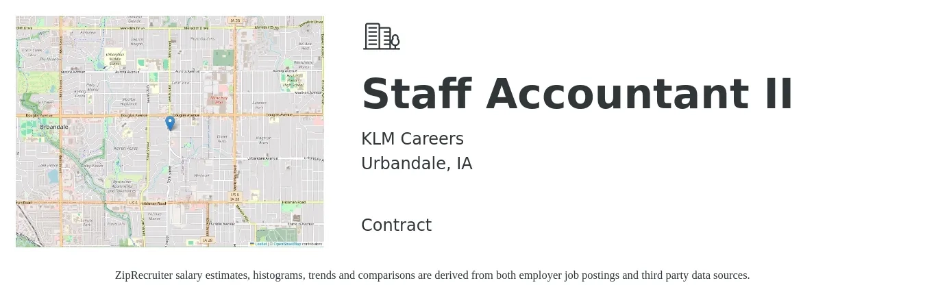 KLM Careers job posting for a Staff Accountant II in Urbandale, IA with a salary of $52,100 to $68,600 Yearly with a map of Urbandale location.