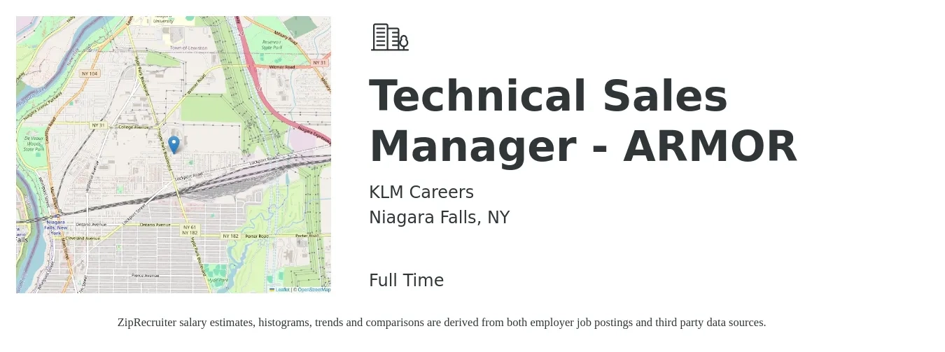 KLM Careers job posting for a Technical Sales Manager - ARMOR in Niagara Falls, NY with a salary of $83,800 to $111,600 Yearly with a map of Niagara Falls location.
