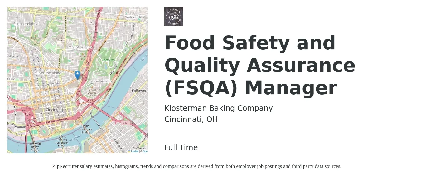 Klosterman Baking Company job posting for a Food Safety and Quality Assurance (FSQA) Manager in Cincinnati, OH with a salary of $80,000 to $90,000 Yearly with a map of Cincinnati location.