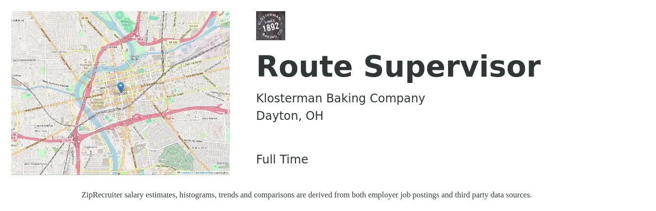 Klosterman Baking Company job posting for a Route Supervisor in Dayton, OH with a salary of $1,000 Weekly with a map of Dayton location.