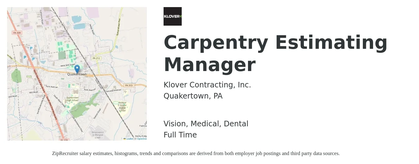 Klover Contracting, Inc. job posting for a Carpentry Estimating Manager in Quakertown, PA with a salary of $48,200 to $112,300 Yearly and benefits including retirement, vision, dental, life_insurance, and medical with a map of Quakertown location.