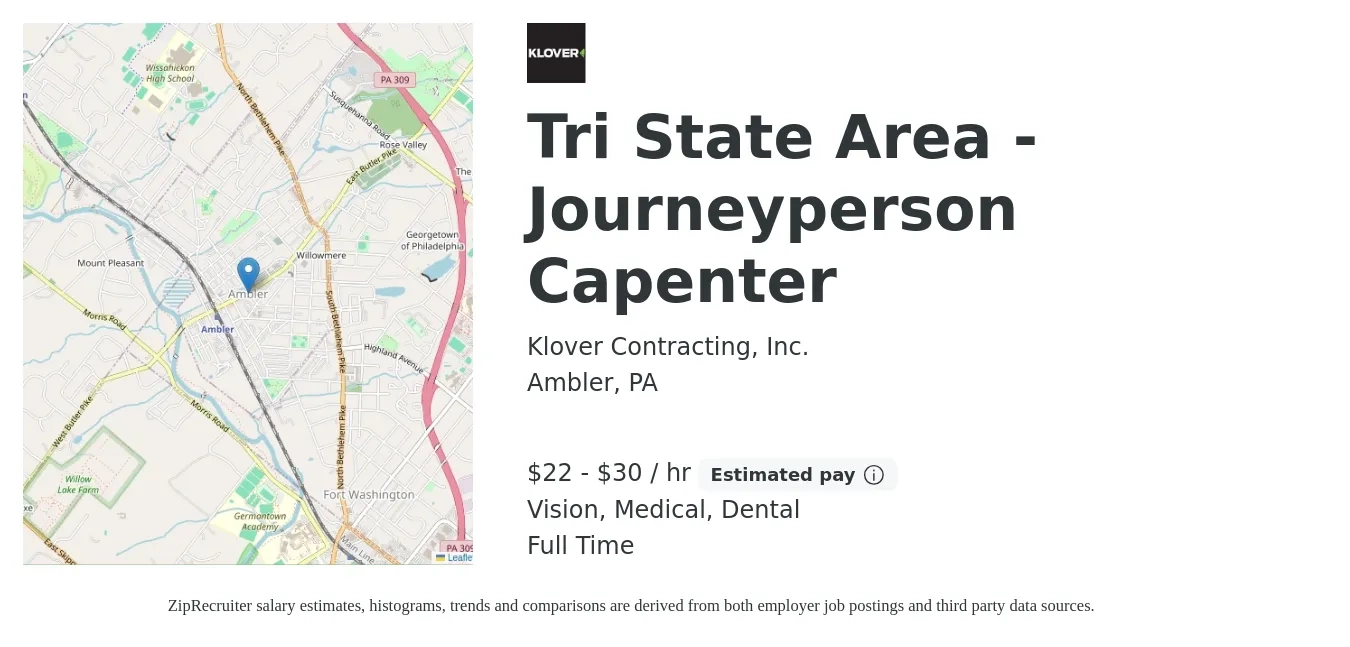 Klover Contracting, Inc. job posting for a Tri State Area - Journeyperson Capenter in Ambler, PA with a salary of $23 to $32 Hourly and benefits including medical, retirement, vision, dental, and life_insurance with a map of Ambler location.