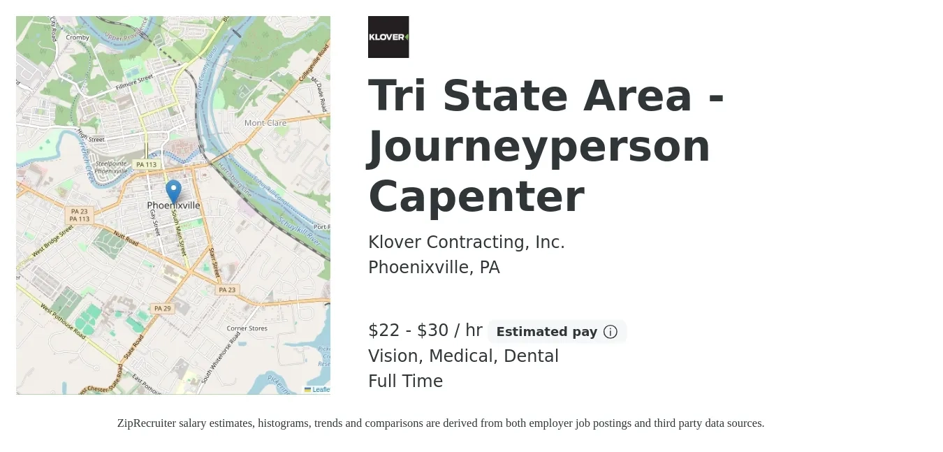 Klover Contracting, Inc. job posting for a Tri State Area - Journeyperson Capenter in Phoenixville, PA with a salary of $23 to $32 Hourly and benefits including dental, life_insurance, medical, retirement, and vision with a map of Phoenixville location.