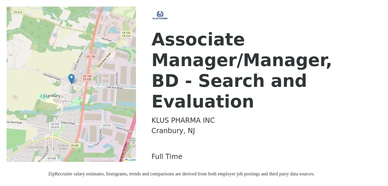 KLUS PHARMA INC job posting for a Associate Manager/Manager, BD - Search and Evaluation in Cranbury, NJ with a salary of $18 to $32 Hourly with a map of Cranbury location.