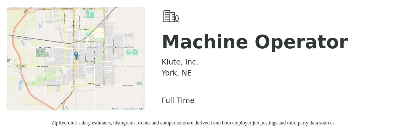 Klute Inc. job posting for a Machine Operator in York, NE with a salary of $17 to $20 Hourly with a map of York location.
