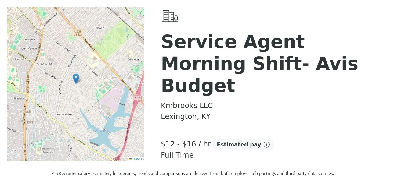 Kmbrooks LLC job posting for a Service Agent Morning Shift- Avis Budget in Lexington, KY with a salary of $13 to $17 Hourly with a map of Lexington location.