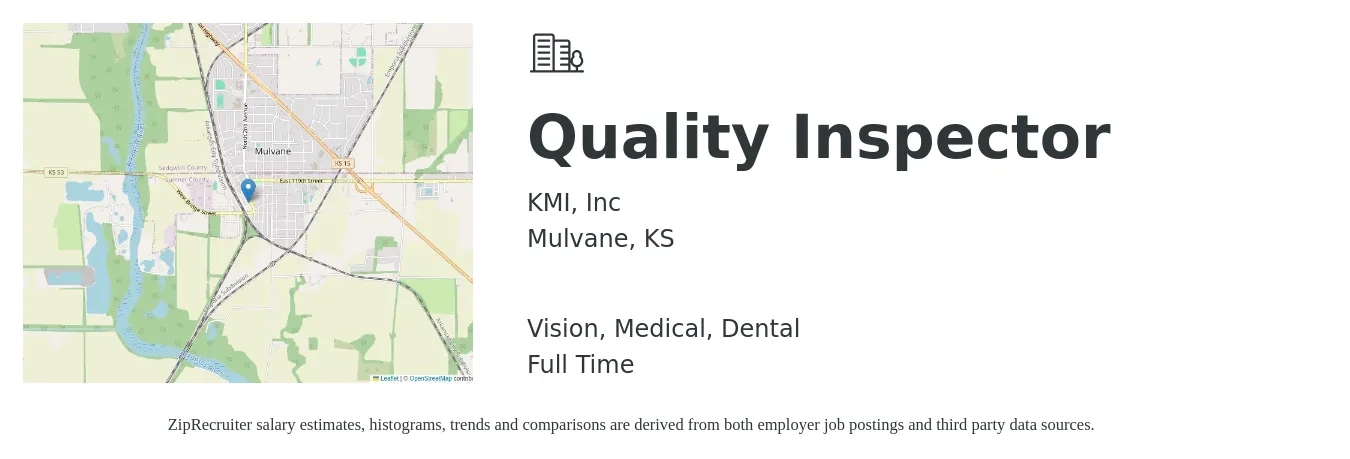 KMI, Inc job posting for a Quality Inspector in Mulvane, KS with a salary of $16 to $24 Hourly and benefits including life_insurance, medical, retirement, vision, and dental with a map of Mulvane location.