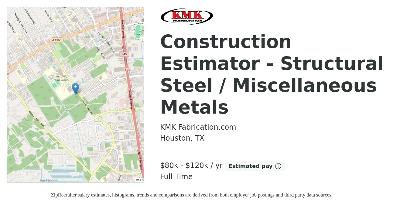 KMK Fabrication.com job posting for a Construction Estimator - Structural Steel / Miscellaneous Metals in Houston, TX with a salary of $80,000 to $120,000 Yearly and benefits including pto with a map of Houston location.