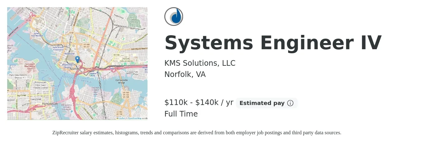 KMS Solutions, LLC job posting for a Systems Engineer IV in Norfolk, VA with a salary of $110,000 to $140,000 Yearly with a map of Norfolk location.