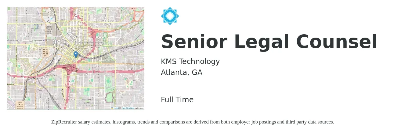 KMS Technology job posting for a Senior Legal Counsel in Atlanta, GA with a salary of $134,200 to $182,200 Yearly with a map of Atlanta location.