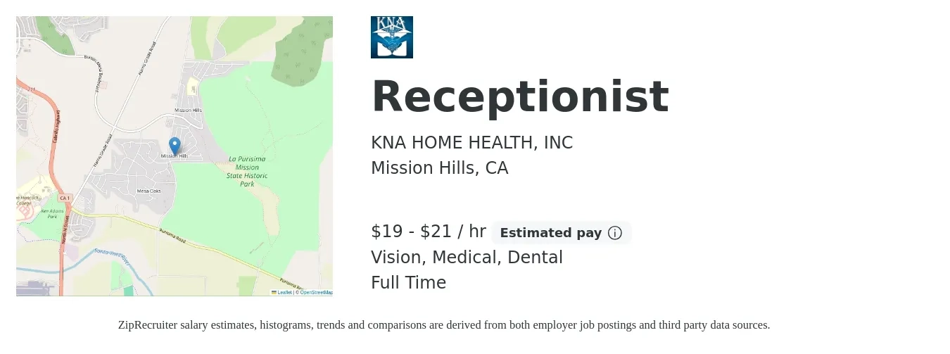 KNA HOME HEALTH, INC job posting for a Receptionist in Mission Hills, CA with a salary of $20 to $22 Hourly and benefits including medical, vision, and dental with a map of Mission Hills location.