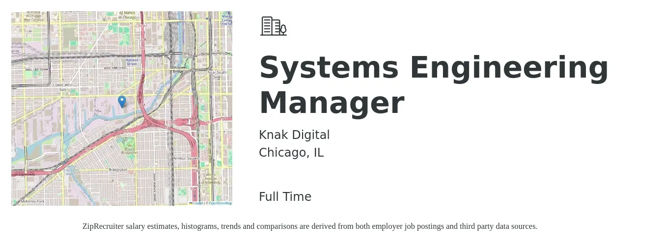 Knak Digital job posting for a Systems Engineering Manager in Chicago, IL with a salary of $117,500 to $178,400 Yearly with a map of Chicago location.