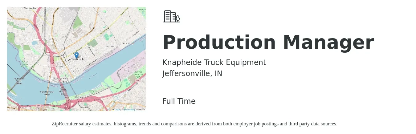 Knapheide Truck Equipment job posting for a Production Manager in Jeffersonville, IN with a salary of $53,700 to $77,200 Yearly with a map of Jeffersonville location.