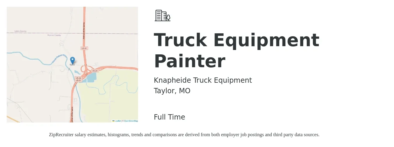 Knapheide Truck Equipment job posting for a Truck Equipment Painter in Taylor, MO with a salary of $18 to $24 Hourly with a map of Taylor location.