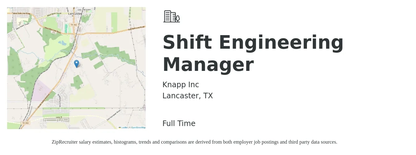 Knapp Inc job posting for a Shift Engineering Manager in Lancaster, TX with a salary of $111,000 to $164,800 Yearly with a map of Lancaster location.