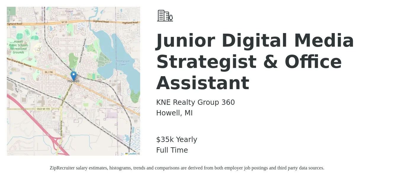 KNE Realty Group 360 job posting for a Junior Digital Media Strategist - Office Assistant in Howell, MI with a salary of $35,000 Yearly with a map of Howell location.