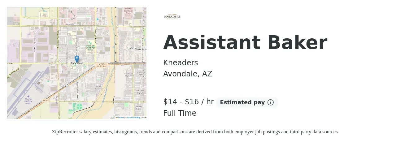 Kneaders job posting for a Assistant Baker in Avondale, AZ with a salary of $15 to $17 Hourly with a map of Avondale location.