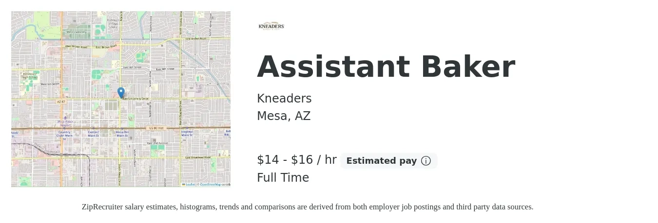 Kneaders job posting for a Assistant Baker in Mesa, AZ with a salary of $15 to $17 Hourly with a map of Mesa location.