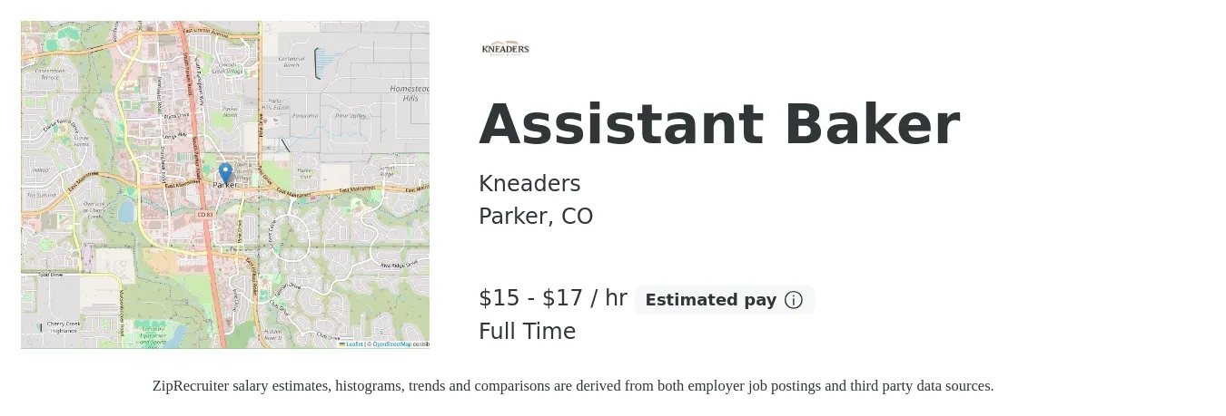 Kneaders job posting for a Assistant Baker in Parker, CO with a salary of $16 to $18 Hourly with a map of Parker location.
