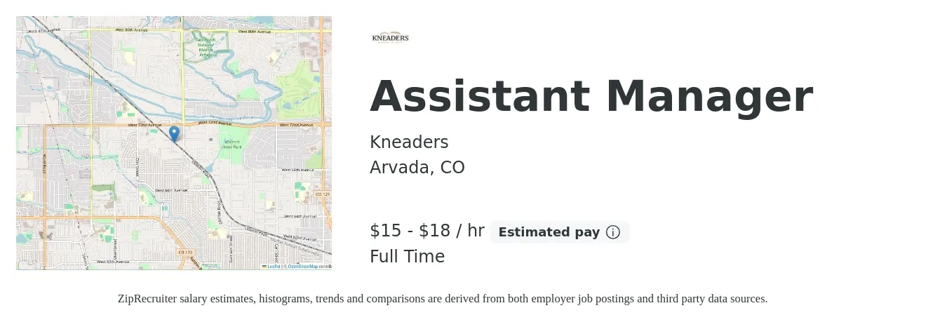 Kneaders job posting for a Assistant Manager in Arvada, CO with a salary of $16 to $19 Hourly with a map of Arvada location.
