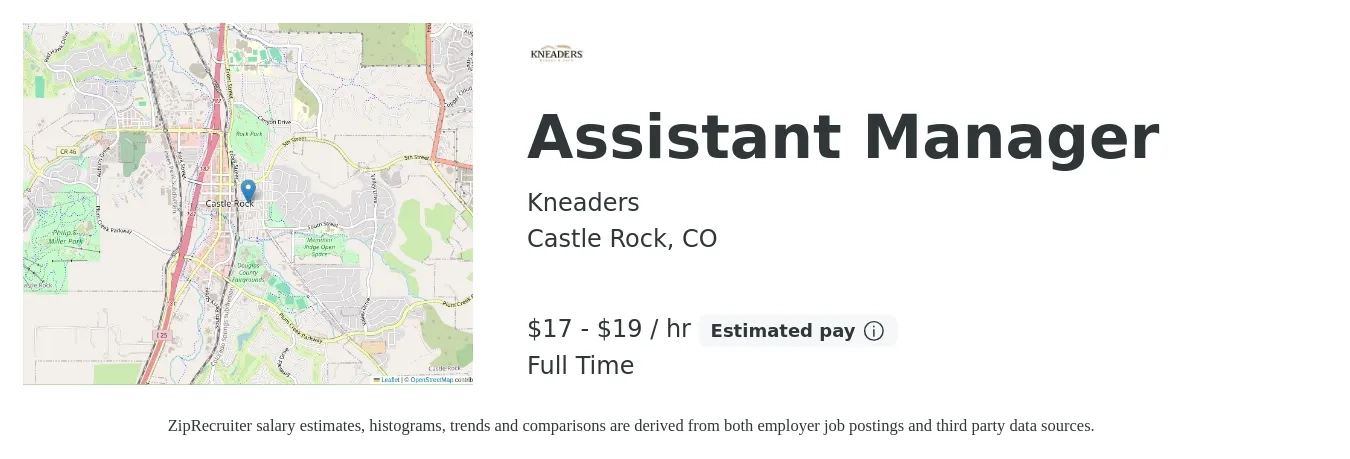 Kneaders job posting for a Assistant Manager in Castle Rock, CO with a salary of $16 to $18 Hourly with a map of Castle Rock location.