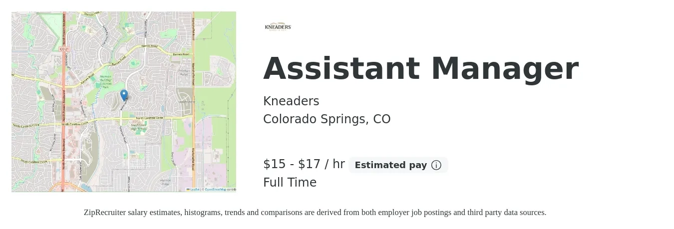 Kneaders job posting for a Assistant Manager in Colorado Springs, CO with a salary of $15 to $17 Hourly with a map of Colorado Springs location.