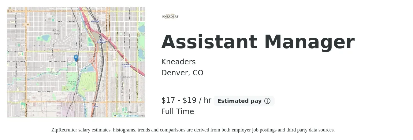 Kneaders job posting for a Assistant Manager in Denver, CO with a salary of $16 to $18 Hourly with a map of Denver location.