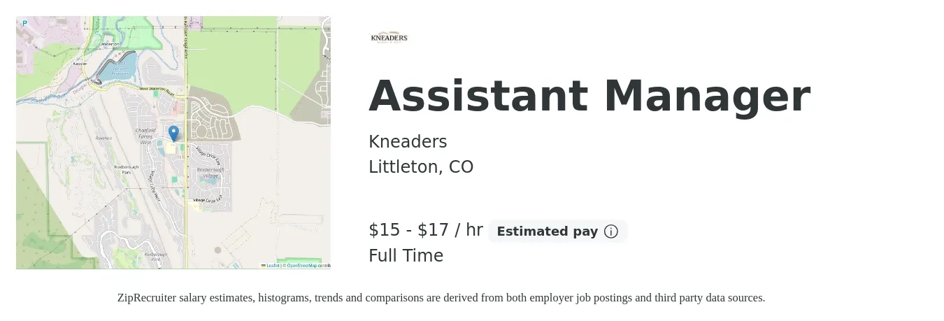 Kneaders job posting for a Assistant Manager in Littleton, CO with a salary of $16 to $18 Hourly with a map of Littleton location.