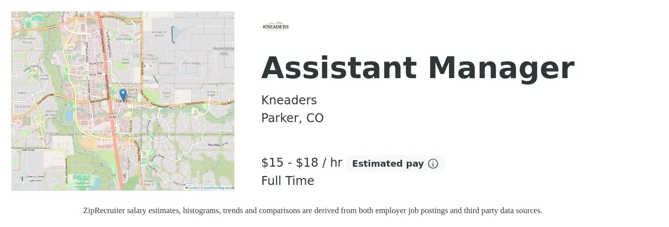 Kneaders job posting for a Assistant Manager in Parker, CO with a salary of $16 to $19 Hourly with a map of Parker location.