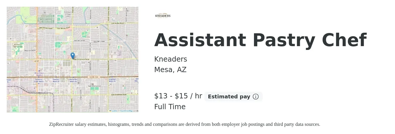Kneaders job posting for a Assistant Pastry Chef in Mesa, AZ with a salary of $14 to $16 Hourly with a map of Mesa location.