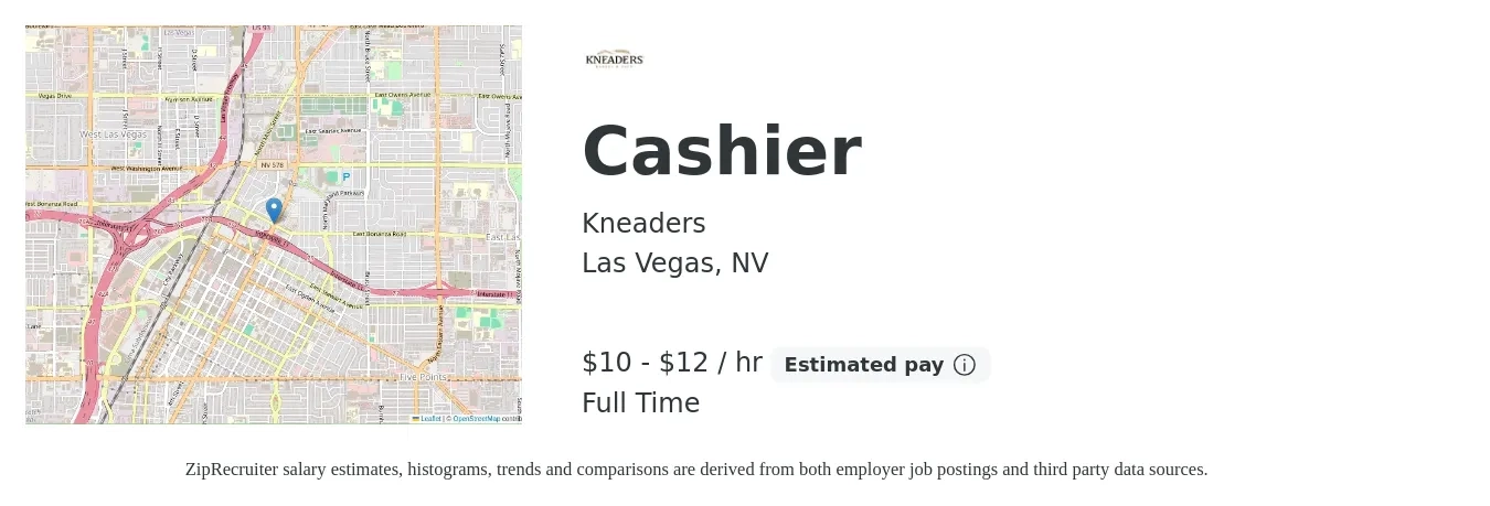 Kneaders job posting for a Cashier in Las Vegas, NV with a salary of $11 to $13 Hourly with a map of Las Vegas location.
