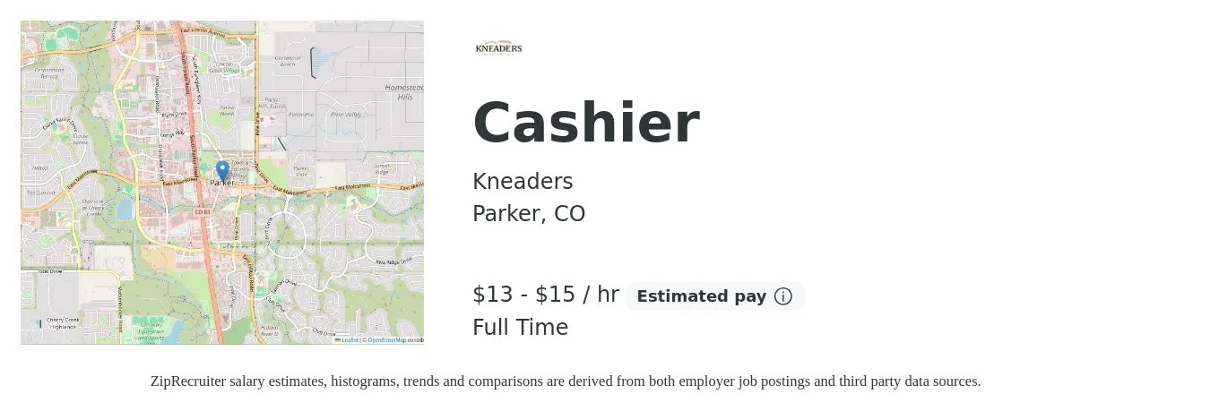 Kneaders job posting for a Cashier in Parker, CO with a salary of $14 to $16 Hourly with a map of Parker location.