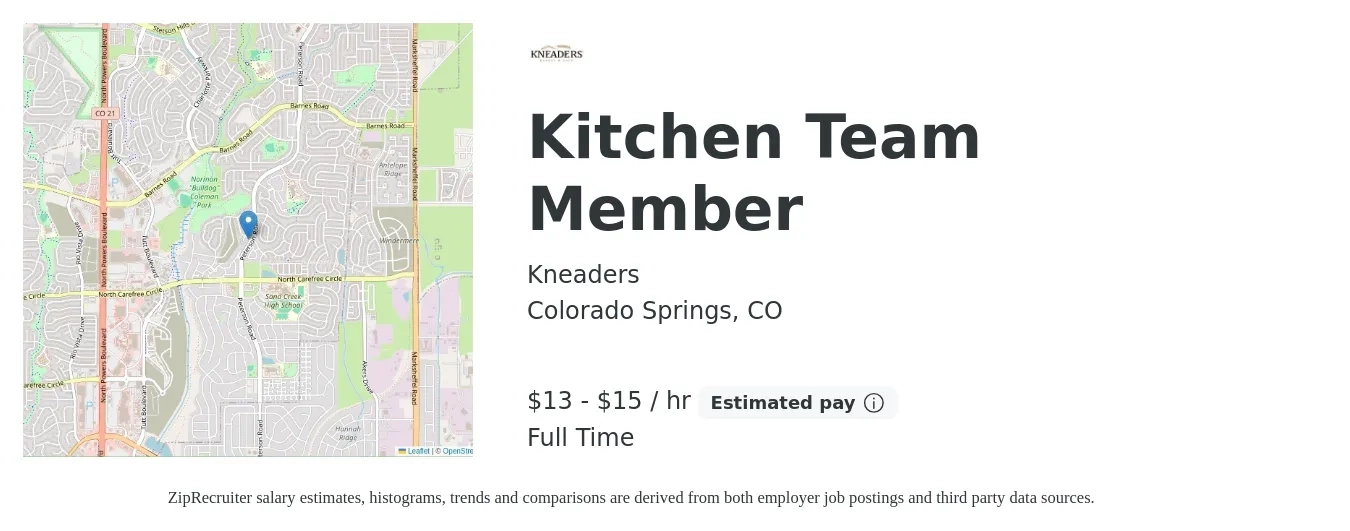 Kneaders job posting for a Kitchen Team Member in Colorado Springs, CO with a salary of $13 to $15 Hourly with a map of Colorado Springs location.