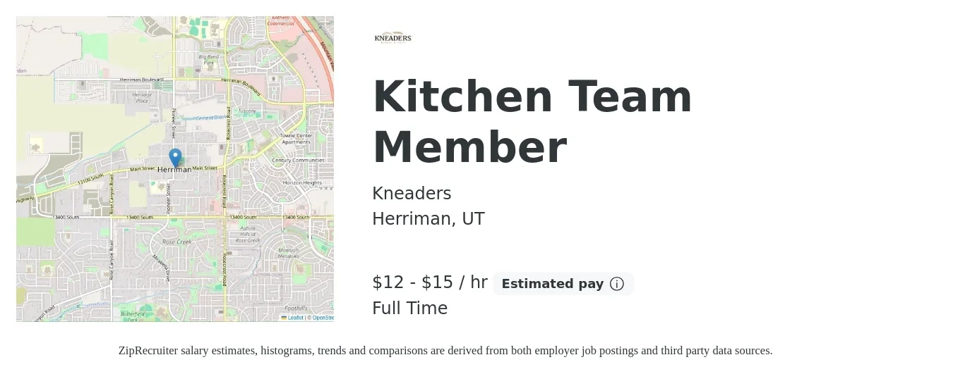 Kneaders job posting for a Kitchen Team Member in Herriman, UT with a salary of $14 to $17 Hourly with a map of Herriman location.