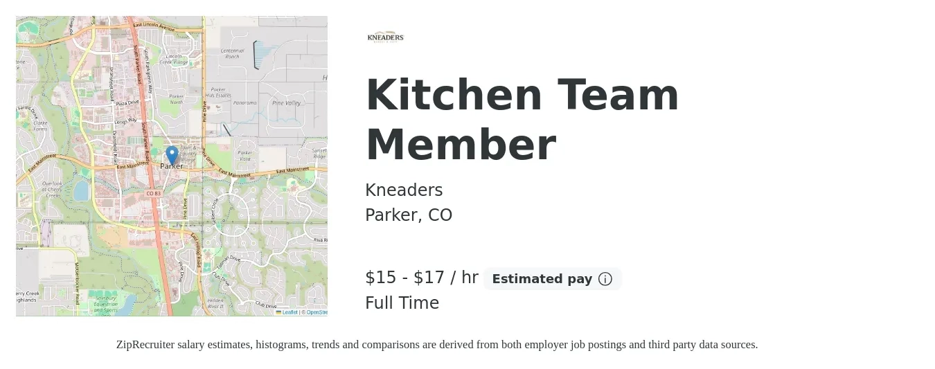 Kneaders job posting for a Kitchen Team Member in Parker, CO with a salary of $16 to $18 Hourly with a map of Parker location.