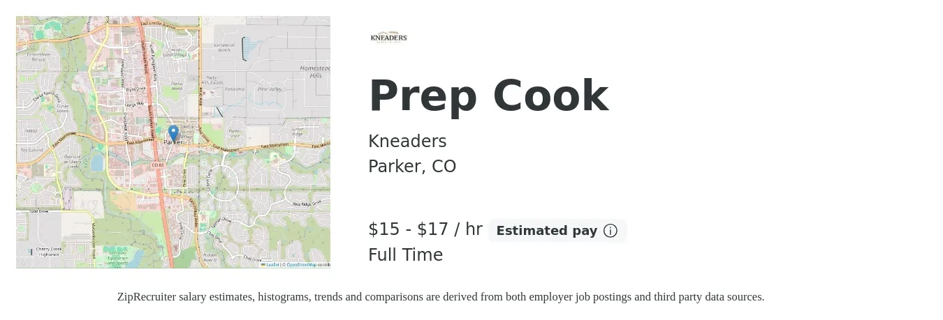 Kneaders job posting for a Prep Cook in Parker, CO with a salary of $16 to $18 Hourly with a map of Parker location.