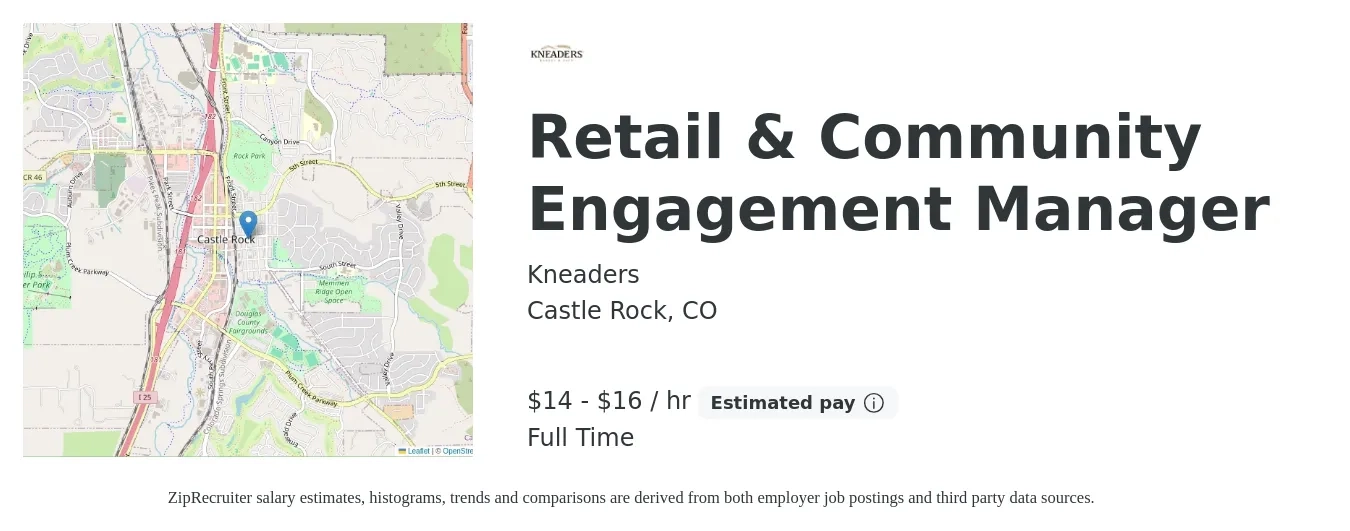Kneaders job posting for a Retail & Community Engagement Manager in Castle Rock, CO with a salary of $15 to $17 Hourly with a map of Castle Rock location.
