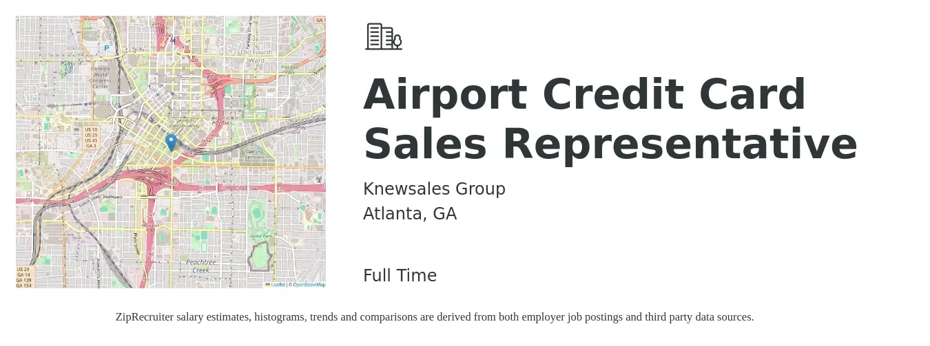 Knewsales Group job posting for a Airport Credit Card Sales Representative in Atlanta, GA with a salary of $35 Hourly with a map of Atlanta location.