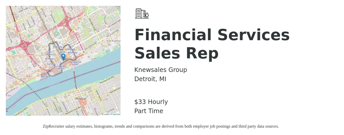 Knewsales Group job posting for a Financial Services Sales Rep in Detroit, MI with a salary of $35 Hourly with a map of Detroit location.