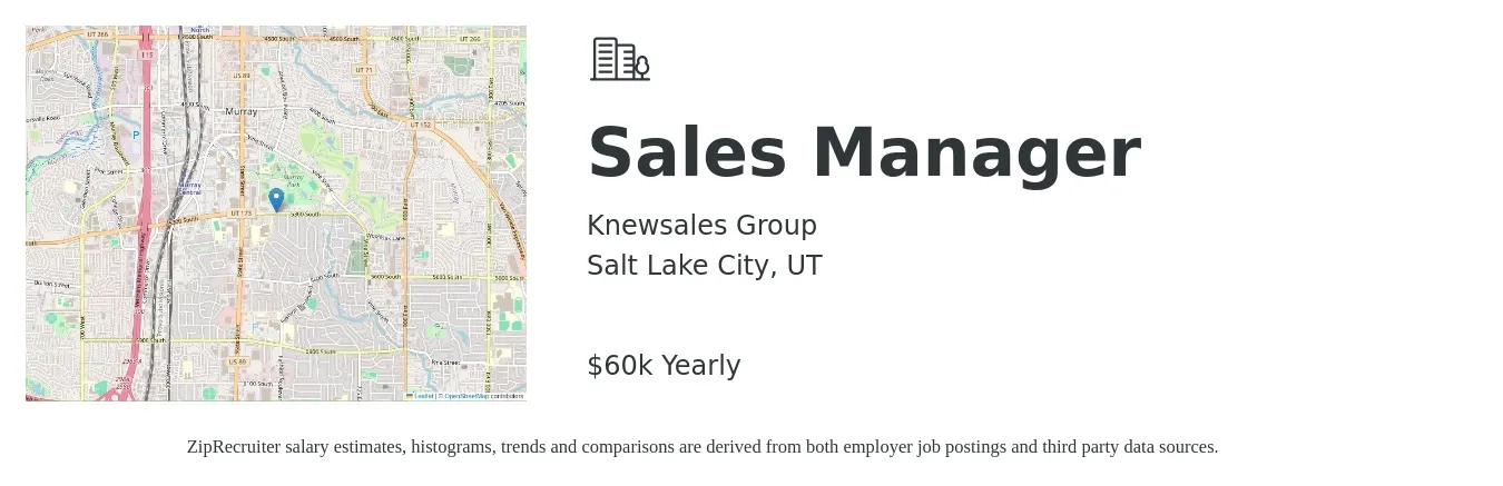 Knewsales Group job posting for a Sales Manager in Salt Lake City, UT with a salary of $60,000 Yearly with a map of Salt Lake City location.