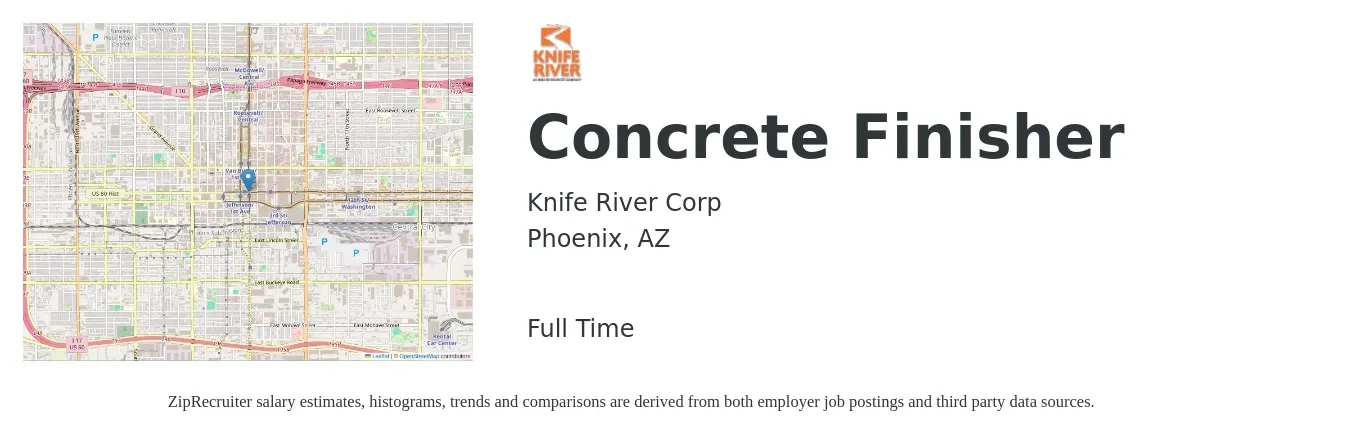 Knife River Corp job posting for a Concrete Finisher in Phoenix, AZ with a salary of $20 to $28 Hourly with a map of Phoenix location.